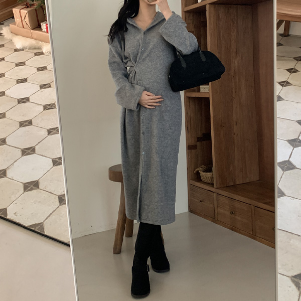 Maternity*Button Two-Way Knit Hooded Maternity Dress