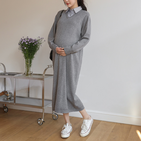 Maternity*Cami Shirt Collar Maternity Dress