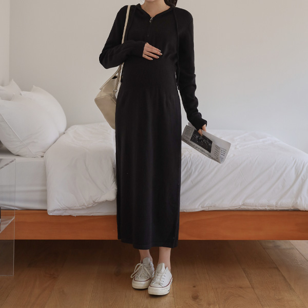 Maternity*Hooded half-zip-up line maternity one-piece dress