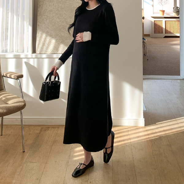 Maternity*A-line double-color knit maternity dress