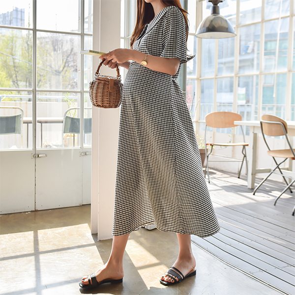 Maternity* Check pleated collar adjustable maternity dress (possible for breastfeeding)