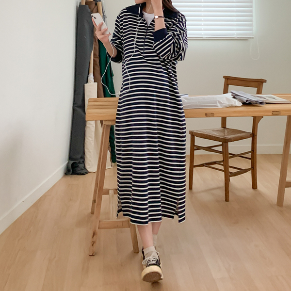 Maternity*Embroidered Stripe Zip-up Maternity Dress (Nursing Possible)