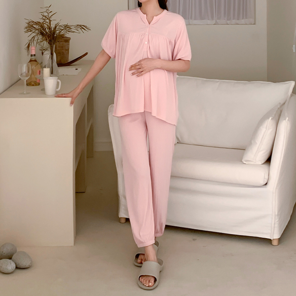 Nursing clothes*shirring tight top/bottom set (for breastfeeding)