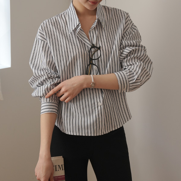 Maternity*Striped Tencel Semi-Crop Shirt