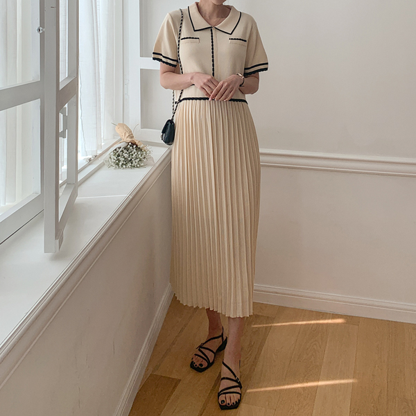 Maternity*Coollash wave color matching collar maternity dress