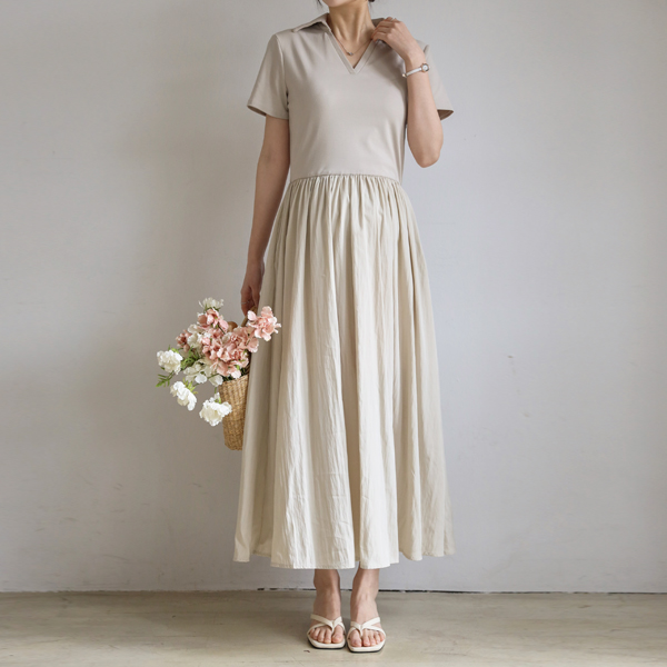 Maternity*Open collar color matching maternity dress