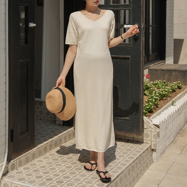 Maternity*Linen Knit V-Neck Maternity Dress