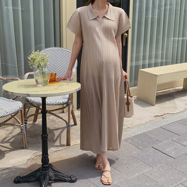 [S,more]Maternity*Grace Pleated Collar Zip-up Maternity Dress (Nursing Possible)