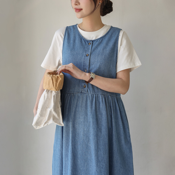 Maternity*Denim one-piece button maternity dress (breastfeeding possible)