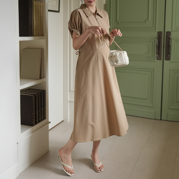 Maternity* Tantan light zipper string short sleeve maternity dress