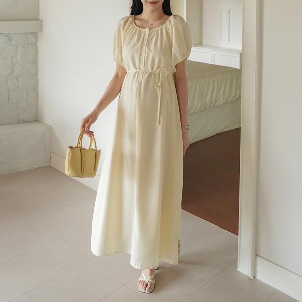 Maternity*Henry Neck Shirring Button Maternity Dress (String SET)