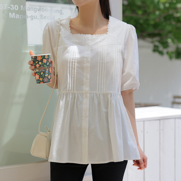 [S-made]Maternity*Lace Square Pin Tuck Maternity Blouse