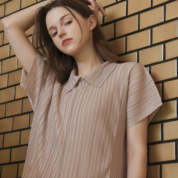 [S,more]Maternity*Grace Pleated Collar Zip-up Maternity Dress (Nursing Possible)