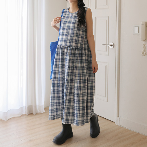 Maternity*Check Maxi Shirring Maternity Dress (String SET)