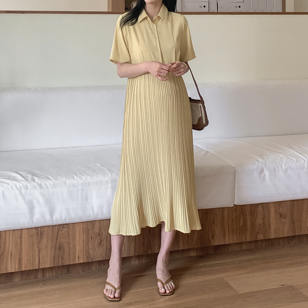 [S-made]Maternity*Pleated collar adjustable short sleeve maternity dress (breastfeeding possible)