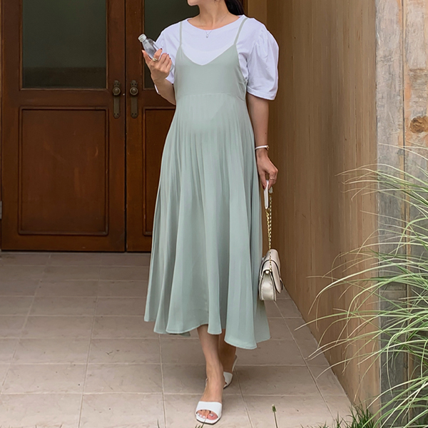 <b>Limited quantity SALE</b><br> Maternity*Piano Pleated Strap Maternity Dress (Mint)