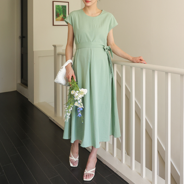 Maternity*Linen-like pin-tuck maternity dress (String set)