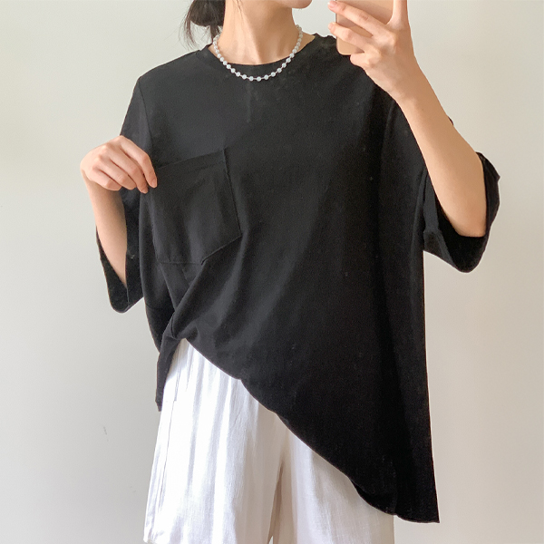 Maternity*Pocket Label Unbalanced Short Sleeves T-shirt