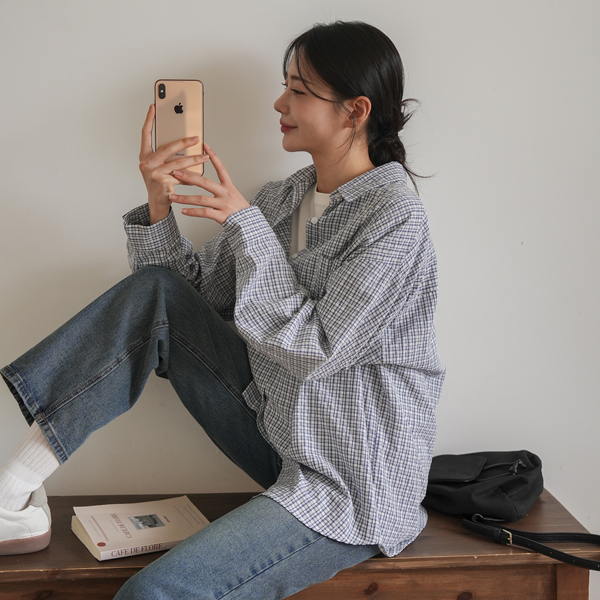 Maternity*Natural Check Label Basic Shirt