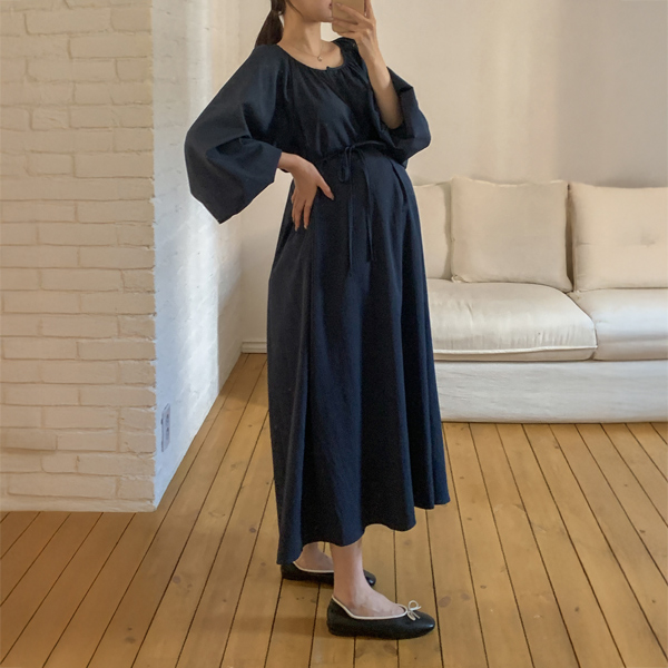<b>[Limited-Time Discount]</b> Maternity*Balloon Shirring Maxi Maternity Dress (String SET)