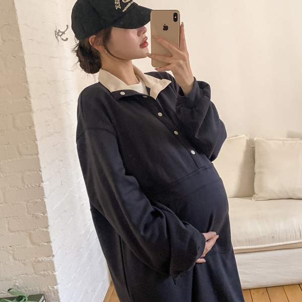 [S-made] Maternity* Hidden Color Blocking Half-High Maternity Dress (Nursing-Friendly)