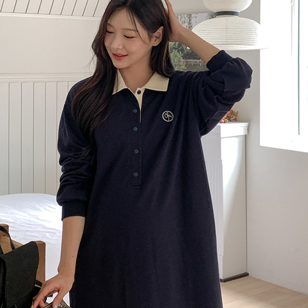 Nursing clothes*Embroidered collar color blocking 10-second nursing one-piece (for pregnant women)
