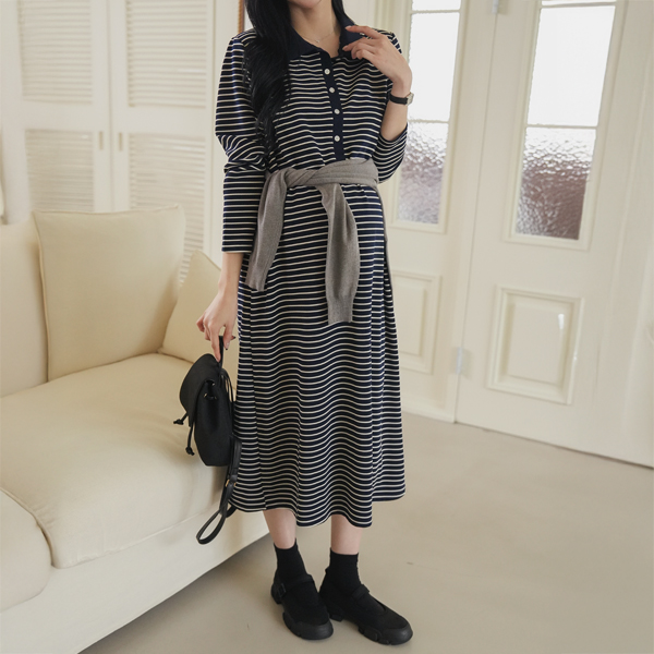 [S-made] Maternity* Striped Collar Long Sleeve Maternity Dress (Nursing-Friendly)
