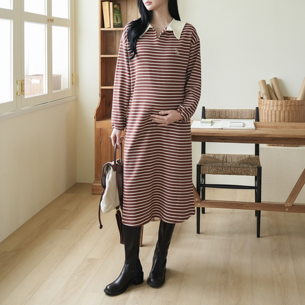 <b>[Opening Special]</b> <b>[Toktok Cotton/Lovely Fall]</b> [S-made] Maternity*Rodem Stripe Sailor Collar Maternity Dress