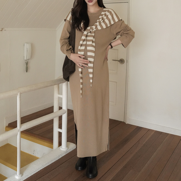 Maternity*Simple Slit Long Knit Maternity Dress (ShawlSET)