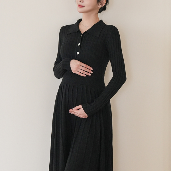 Maternity*Cami collar pleated color block maternity dress