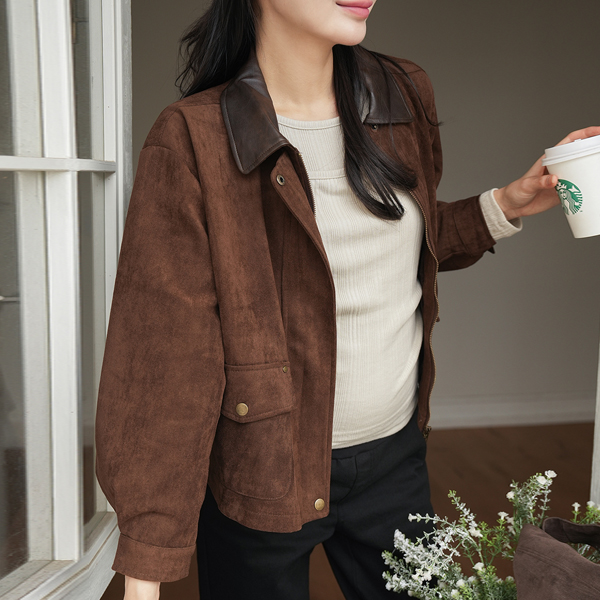 Maternity*Color Block Collar Suede Pocket Jacket
