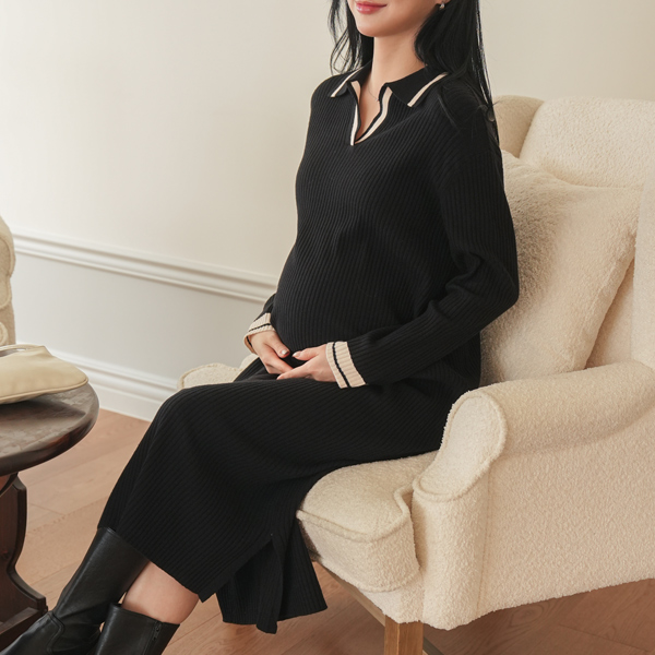 Maternity*Cami ribbed collar color block maternity dress