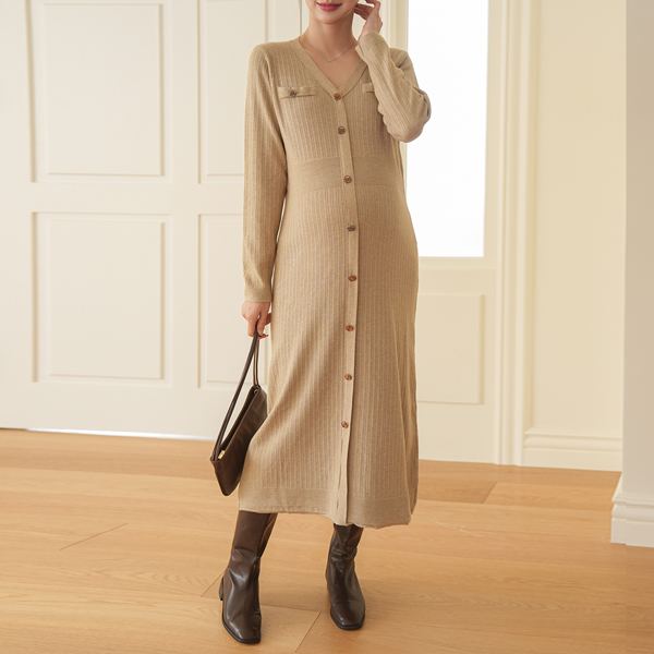 Maternity*Cami Gold Button Ribbed Maternity Dress