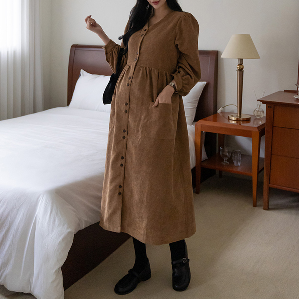 <b>[Limited-Time Discount]</b> Maternity*Debit Golden Button Maternity Dress (Nursing-Friendly)