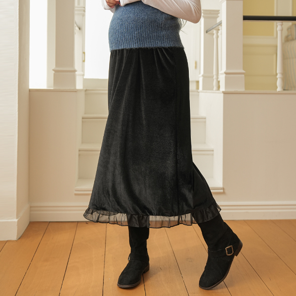 <b>[Opening Special]</b> <b>[Spandex Velvet/Winter Skirt]</b> [S-made] Maternity*Velvet Chiffon Frill Maternity Skirt