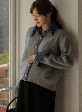 Maternity*Color block denim collar knit cardigan