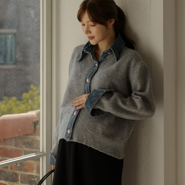 Maternity*Color block denim collar knit cardigan