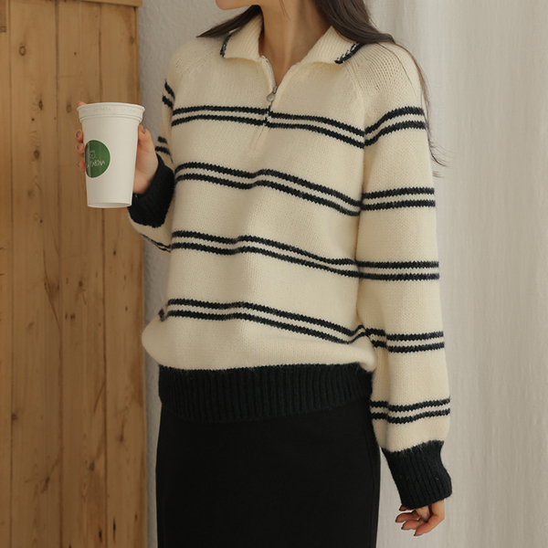 Maternity*Thick double-stripe half-zip knit
