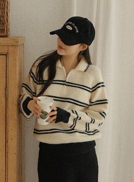Maternity*Thick double-stripe half-zip knit