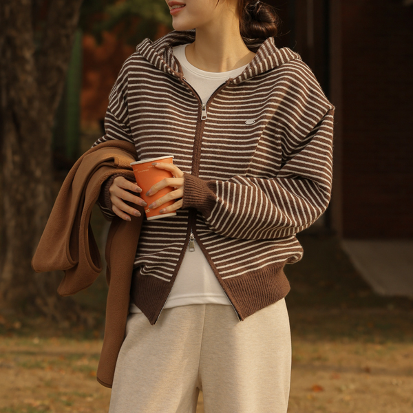 Maternity*Striped Pendant Knit Hoodie