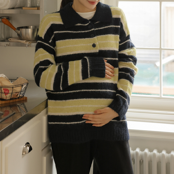 Maternity*Striped Collar Hair Knit