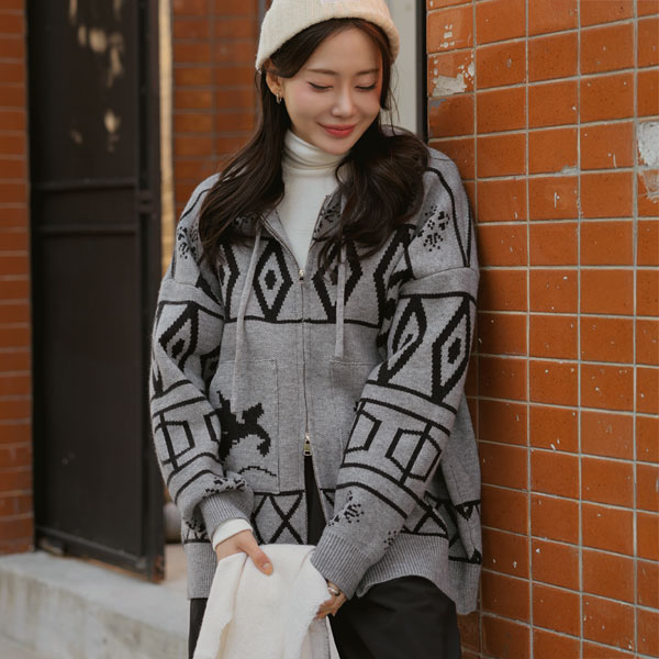 Maternity*Cozy Nordic Hooded Zip-Up Knit