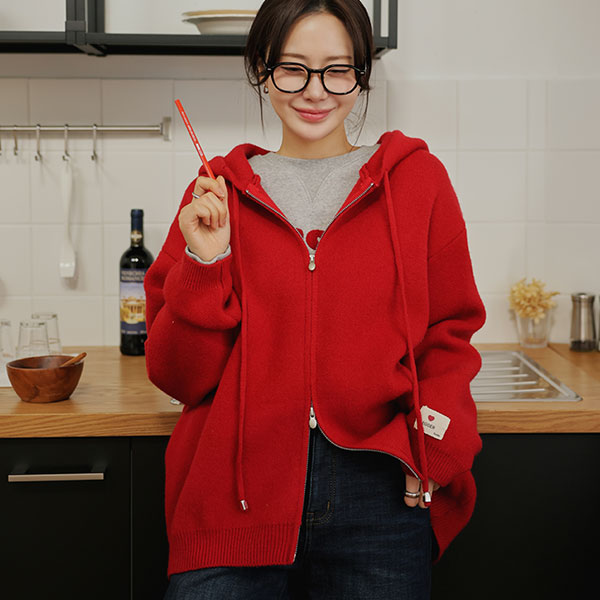 Maternity*Jaeger Sleeve Patch Hooded Zip-Up Knit