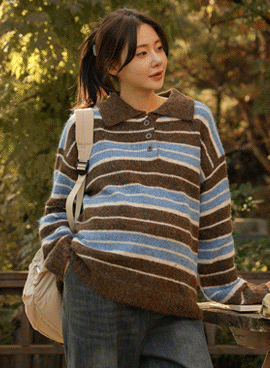 Maternity*Striped Collar Hair Knit
