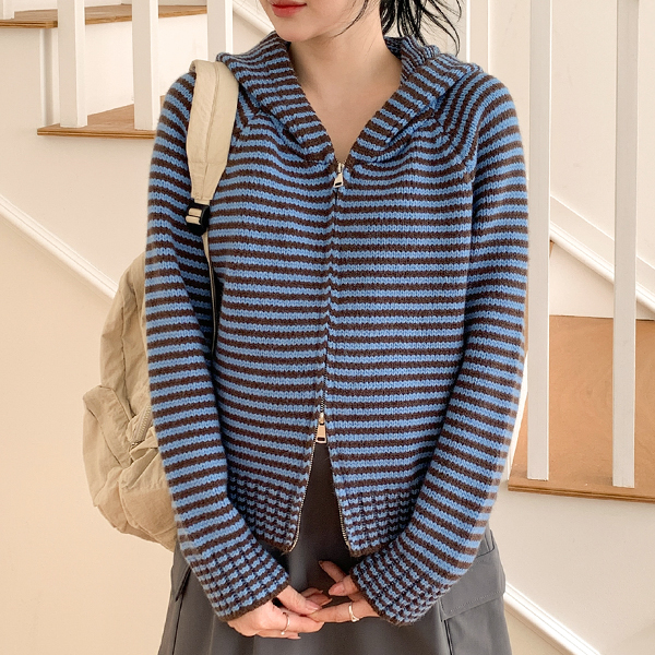Maternity*Kitchen Stripe Hooded Knit Zip-Up