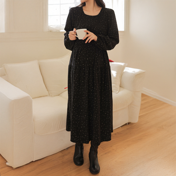 Maternity*Golden smoke banding maternity dress with small flowers