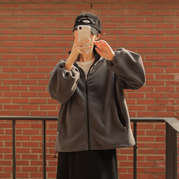 Maternity*Warm loose string fleece zip-up