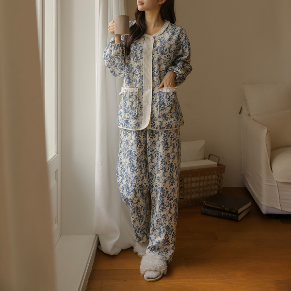 Nursing Clothes*Blue Quilted Home Top and Bottom Set