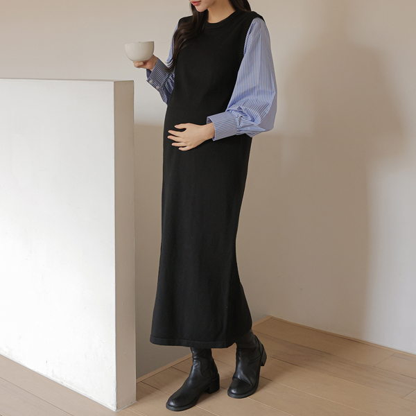 Maternity*Striped sleeve knit maternity dress