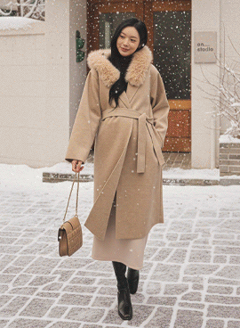 Maternity*Trimming Hooded Long Coat (Fur Detachable)